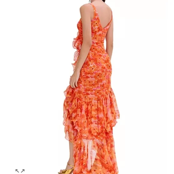 NWT Patbo Ruffled Floral High Low Maxi Dress Myosotis Flutter Gown Sz 12 Or L XL - Picture 4 of 16